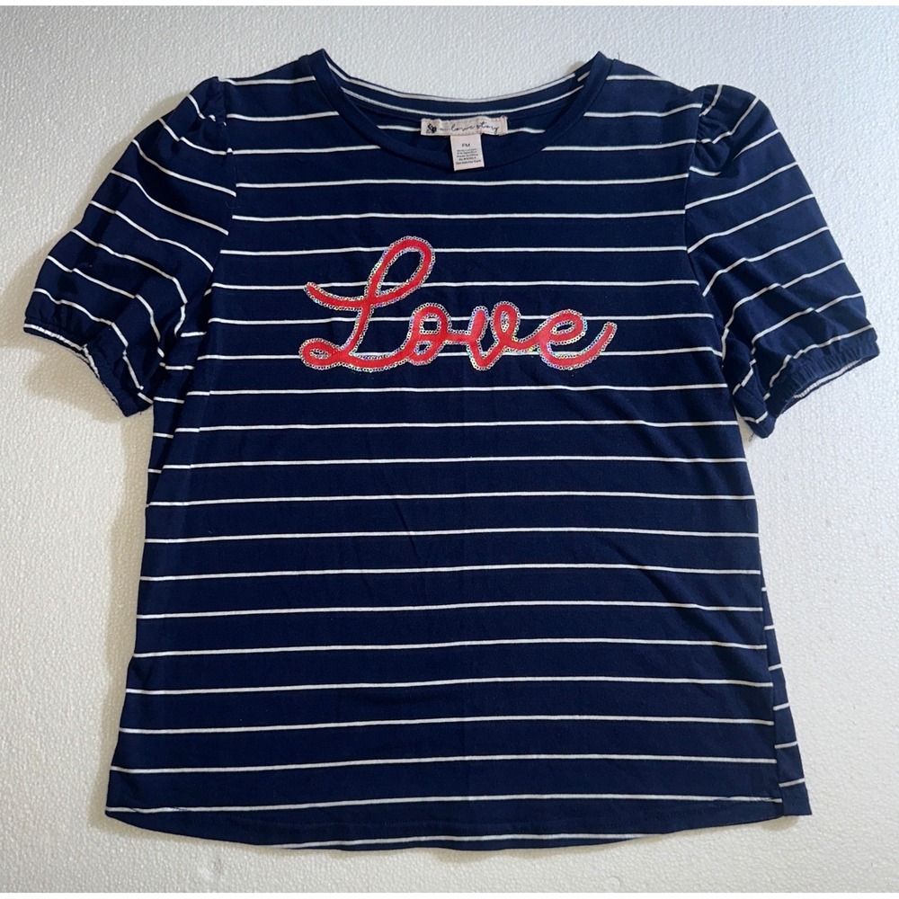 All Love Story Womens Navy Blue Striped Love Sequin Graphic Puff Sleeve Tee PM